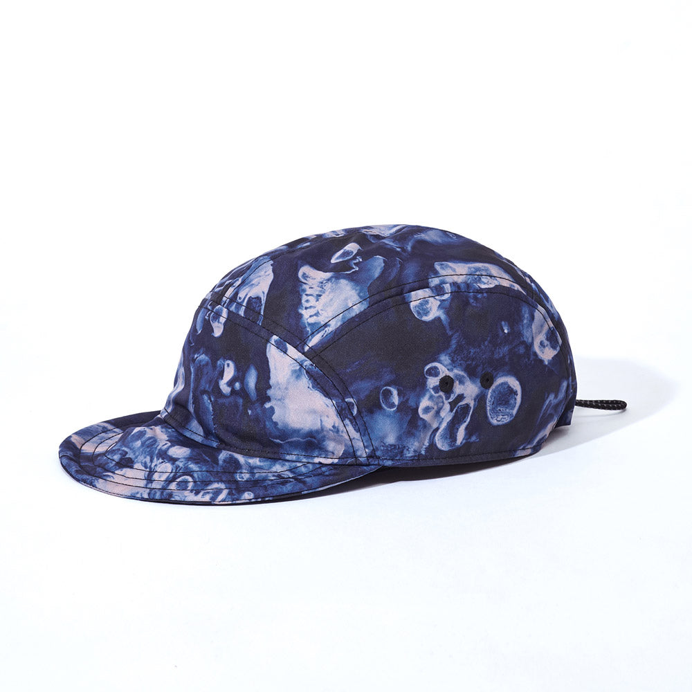 Side product image of blue Leif Podhajsky print six panel cap by Ponch