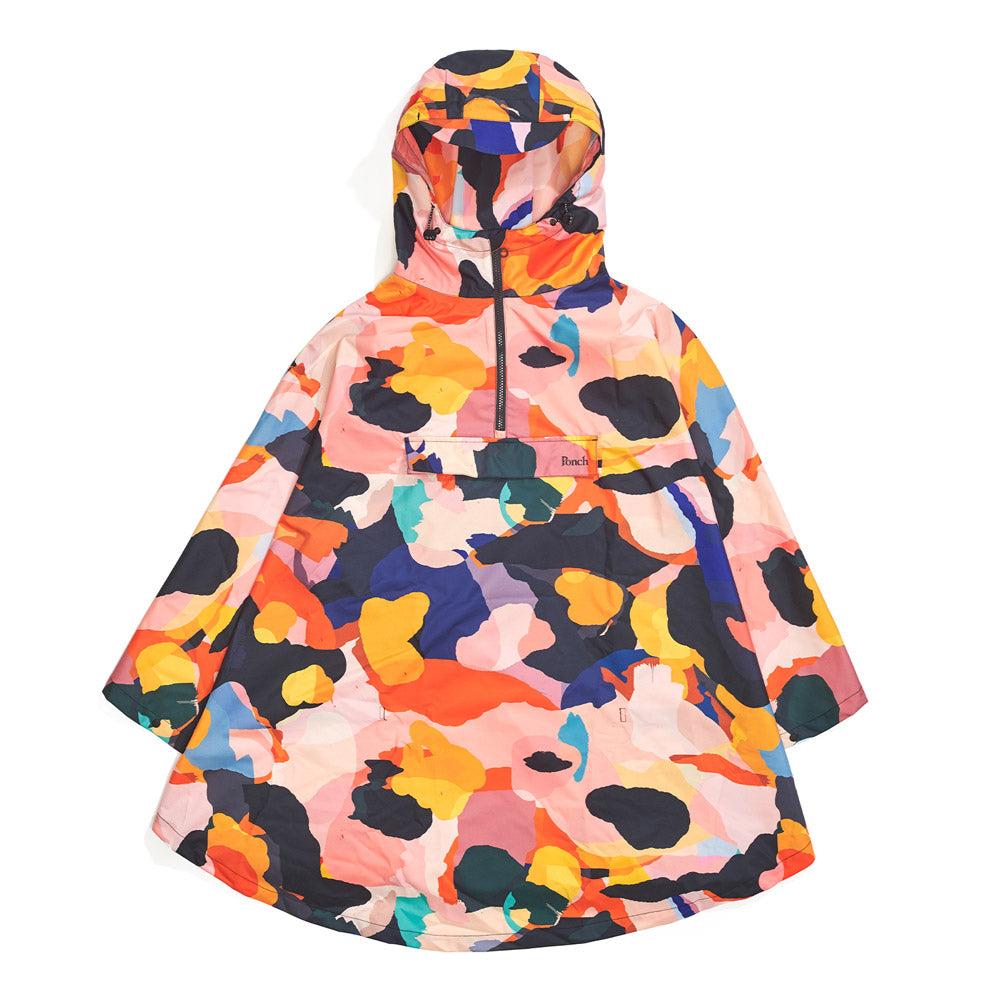 Front product image of multi-colour Leif Podhajsky print hooded rain Poncho by Ponch