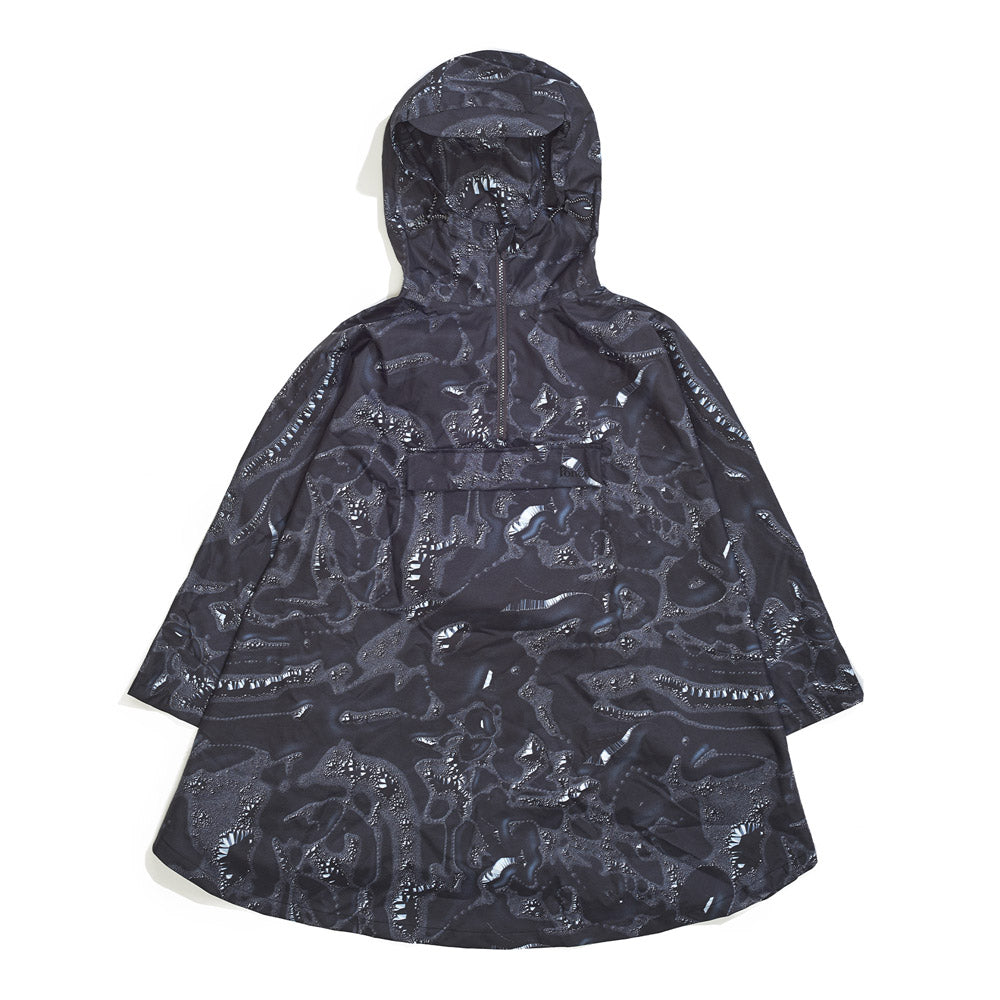 Front product image of black Leif Podhajsky print hooded rain Poncho by Ponch