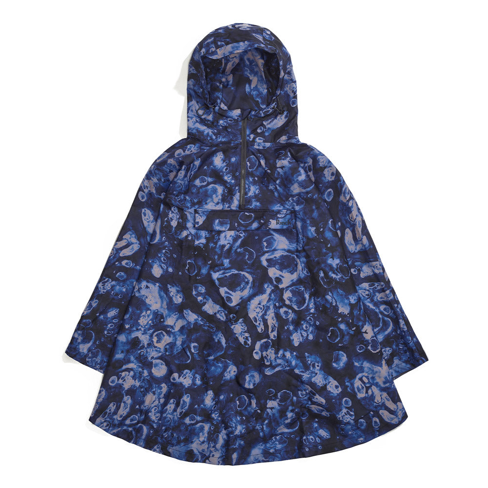 Front product image of blue Leif Podhajsky print hooded rain Poncho by Ponch
