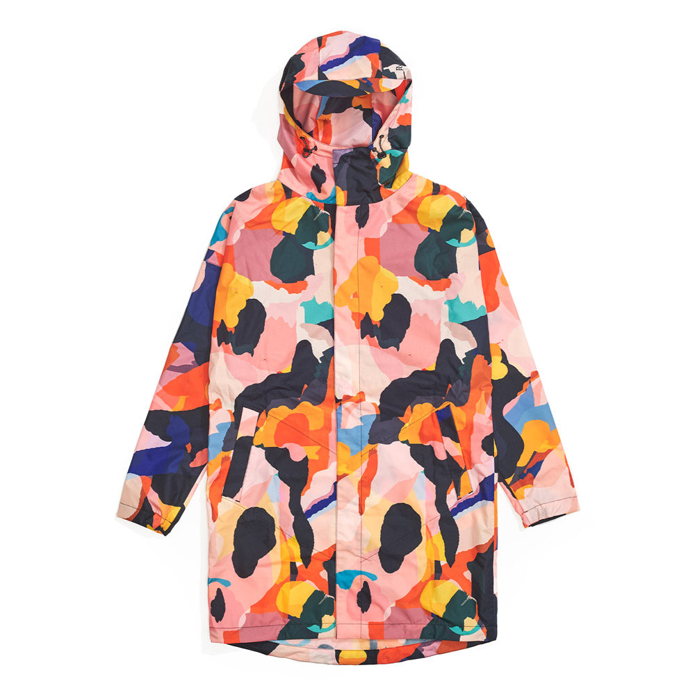 Front product image of multi-colour Leif Podhajsky print hooded Raincoat by Ponch