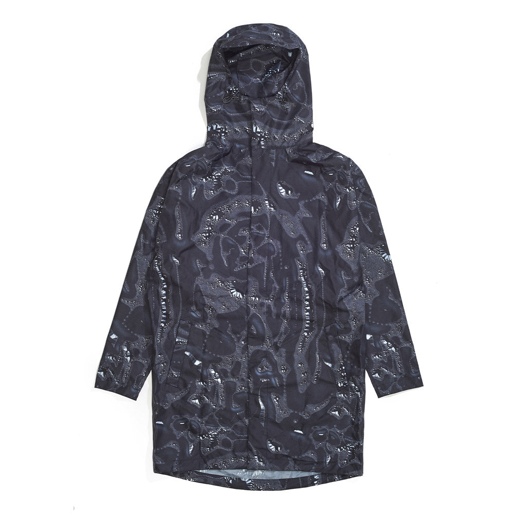 Front product image of black Leif Podhajsky print hooded Raincoat by Ponch