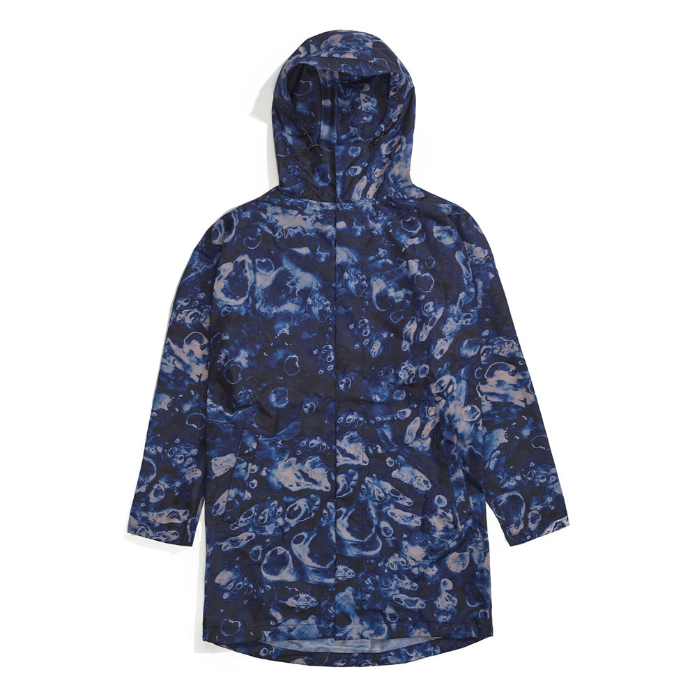 Front product image of blue Leif Podhajsky print hooded Raincoat by Ponch